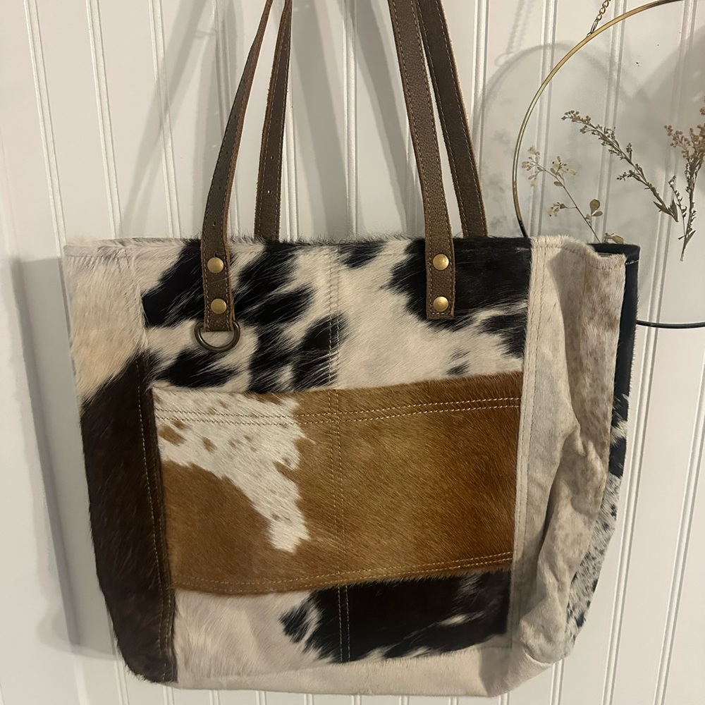 Myra Patchwork Cowhide Tote Bag - image 1